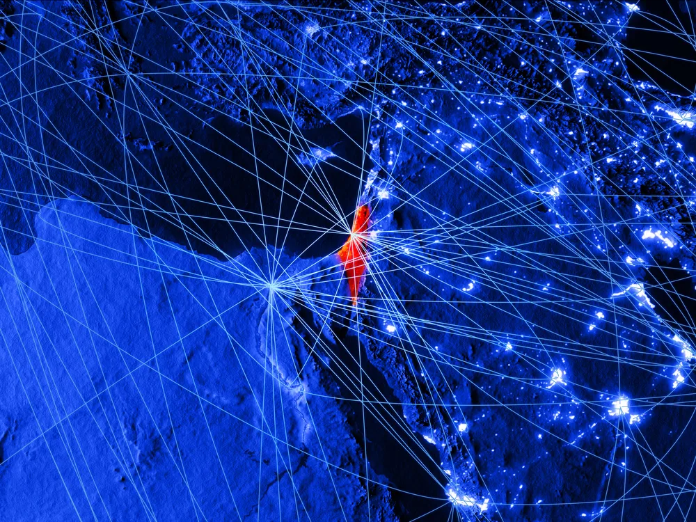 Israel on blue digital map with networks. Concept of international travel, communication and technology. 3D illustration. Elements of this image furnished by NASA.